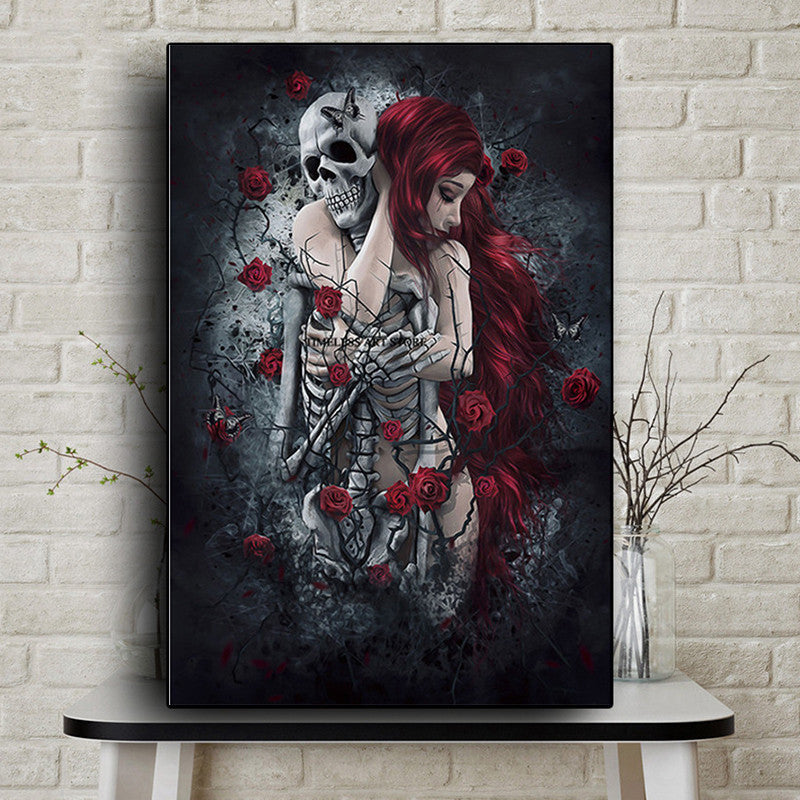 Skull wall art painting with red rose and long-haired woman