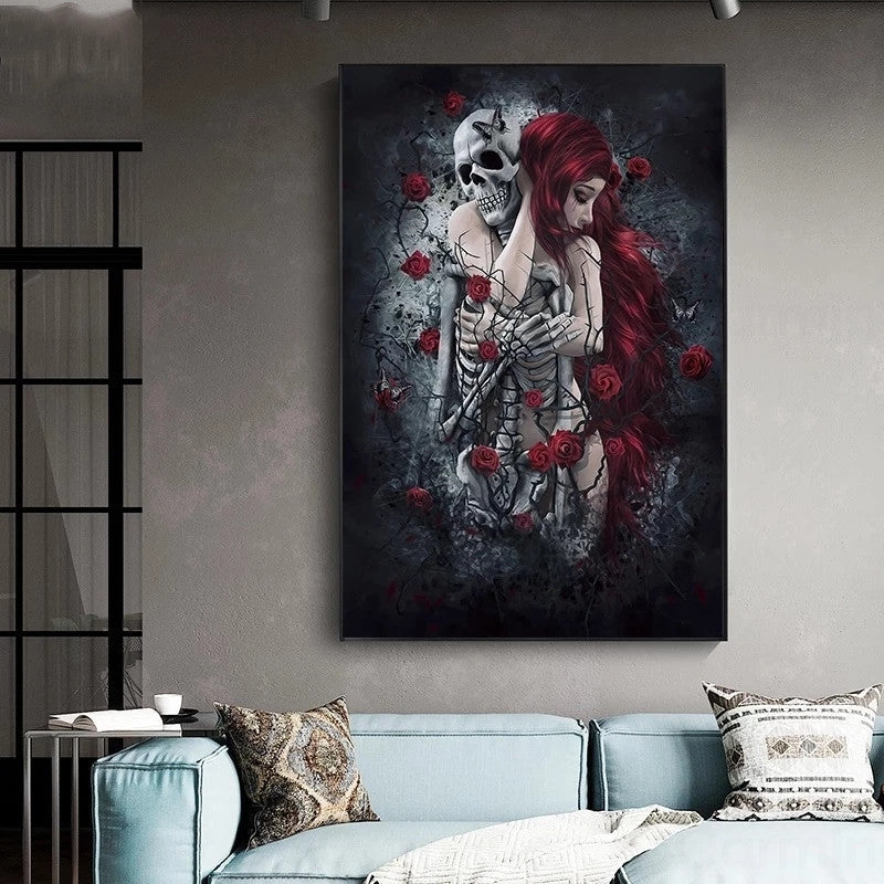 Skull wall art painting with red rose and long-haired woman