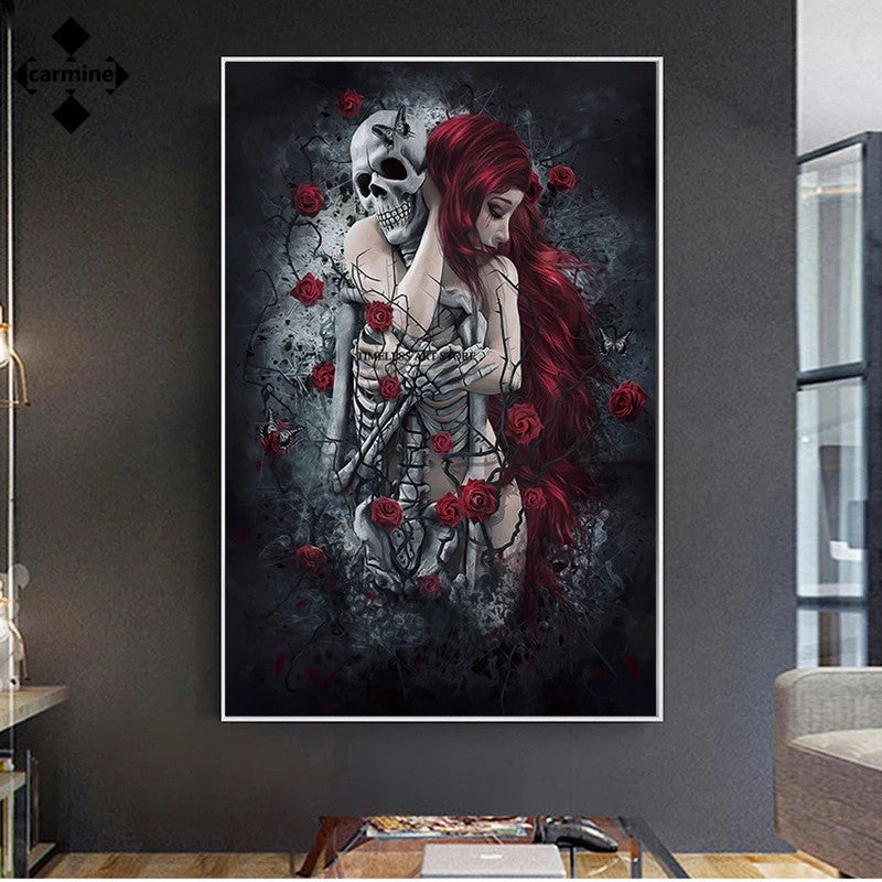 Skull wall art painting with red rose and long-haired woman