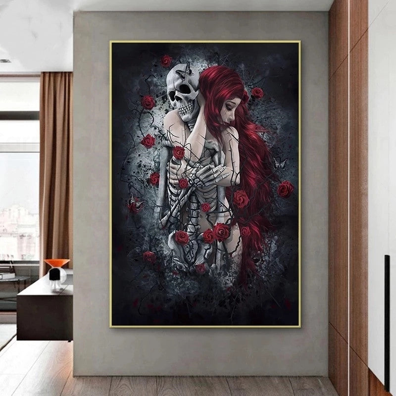 Skull wall art painting with red rose and long-haired woman